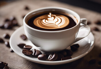Obraz premium Perfect Cup of Coffee with Intricate Latte Art Surrounded by Coffee Beans