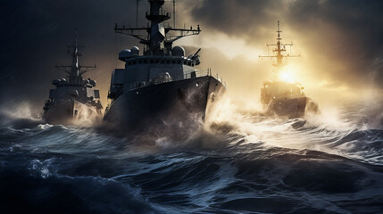 Fototapeta premium Warship on a Maritime Mission. Navy Warship at Sea