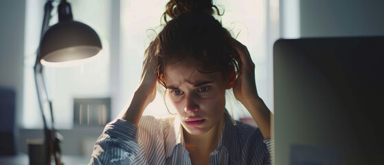 Stressed young woman feeling overwhelmed in a moment of solitude by her computer. - Powered by Adobe