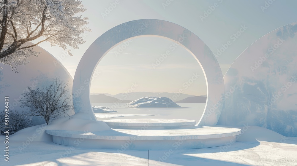 Poster an abstract winter scene with geometric forms and a podium in natural light. a minimal backdrop, sur