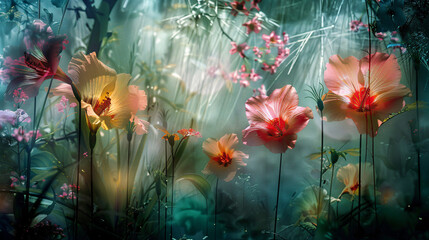 Vibrant Digital Illustration of Flowers with Glowing Petals in a Dreamlike Botanical Garden,  Ethereal Floral Artwork with Luminous Blooms and Detailed Leaves in a Surreal Garden Setting