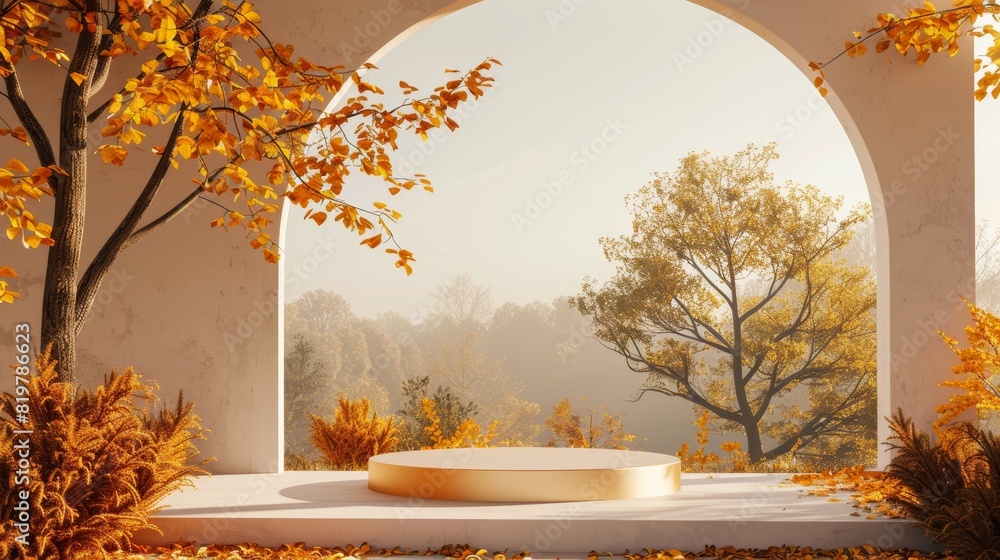 Aufkleber in natural daylight, an abstract autumn scene consists of geometrical forms, an arch with a podium, 