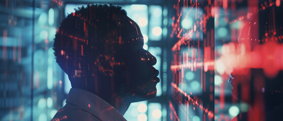 A man is immersed in contemplation amid a dynamic backdrop of data. - Powered by Adobe