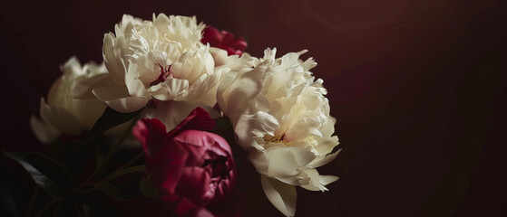 Elegant peonies in soft light, conveying a timeless beauty and romantic ambiance.