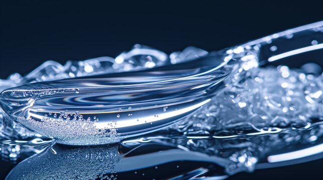 A luxurious presentation of a clear, sparkling skin care gel applied on a high-end cosmetic spatula, reflecting light to showcase its premium quality and texture. 