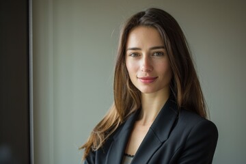Fototapeta premium Happy middle-aged business woman manager in the office Smiling woman in the bank. Beautiful simple AI generated image in 4K, unique.