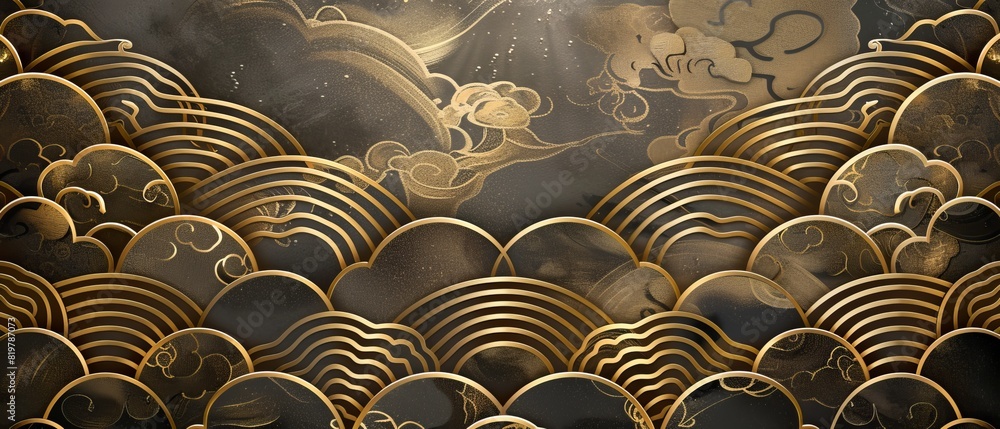 Poster An oriental wedding invitation with a geometric pattern and gold texture decoration. An abstract template in Chinese style with Japanese pattern and icon moderns.