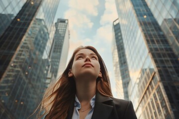 Fototapeta premium Happy middle-aged business woman manager in the office Smiling woman in the bank. Beautiful simple AI generated image in 4K, unique.
