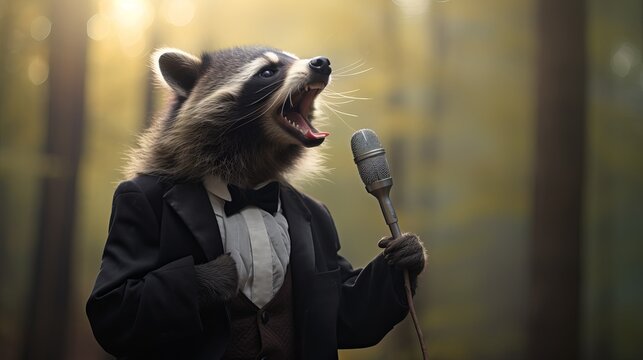 a dressed raccoon holding a mic singing -Animal doing humans concept - Kids story time