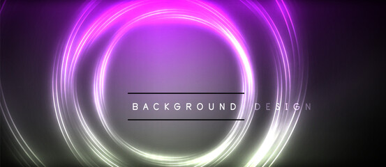 Neon glowing circle rays, light round lines in the dark, planet style neon wave lines. Energetic electric concept design for wallpaper, banner, background