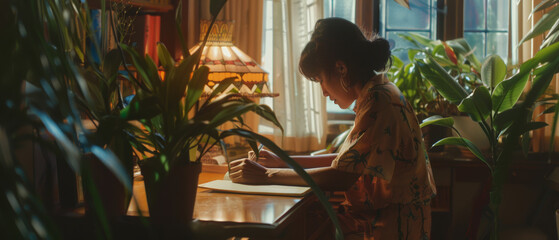A serene moment of a young girl writing in a cozy, plant-filled room. - Powered by Adobe