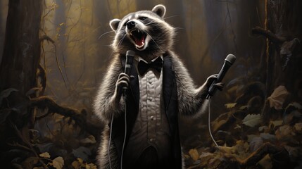 Adorable Raccoon Singing on Stage in Humanlike Costume, Performing at a Concert with a Microphone – Funny and Cute Kids' Entertainer