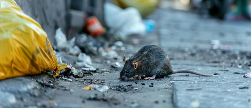 Urban pest, a rat, scavenges near garbage on city streets highlighting sanitation issues.
