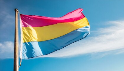 pansexual flag flutters against blue sky, lgbtq pride month