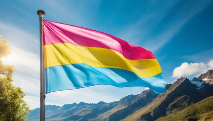 pansexual flag flutters against blue sky, lgbtq pride month