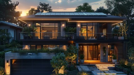 Obraz premium A luxury home that is getting energy from the sun to its solar panels and is powering on the house. Generative AI.