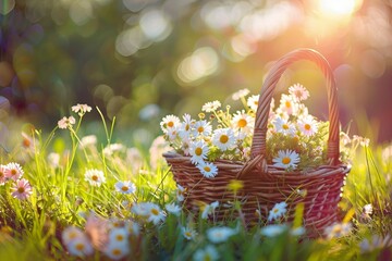 Fototapeta na wymiar A wicker basket filled with fresh daisies sits on a vibrant grassy field under the warm glow of the sun in a peaceful countryside setting.