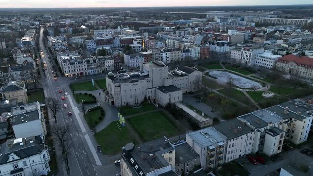 Cottbus cityscape during a blue hour showing the urban houses and street traffic in Germany