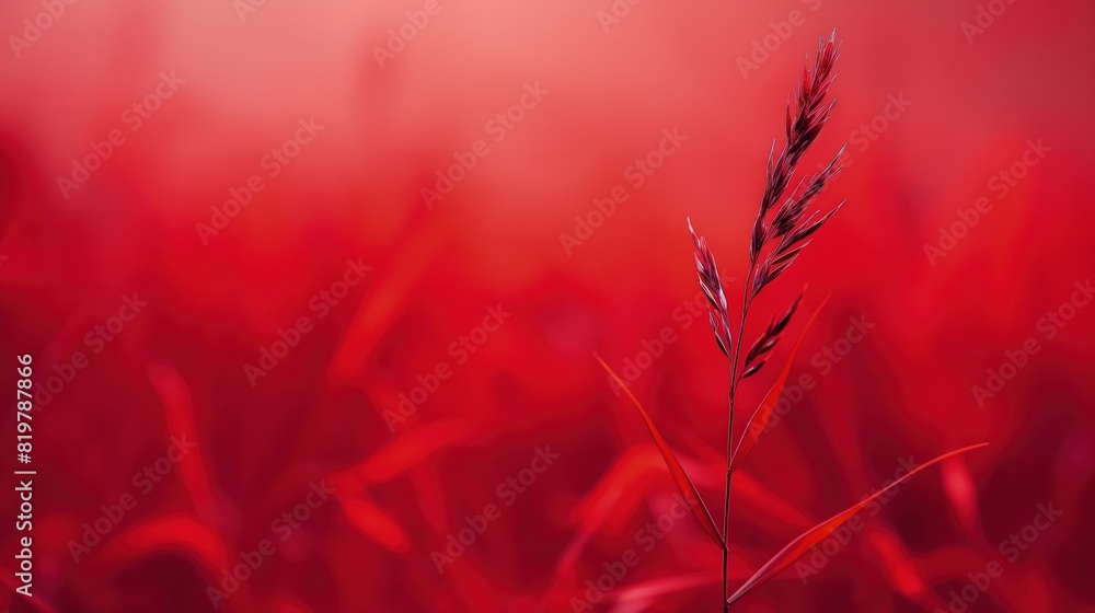 Poster a minimalist red grass background with a single blade in focus against a blurred backdrop, emphasizi