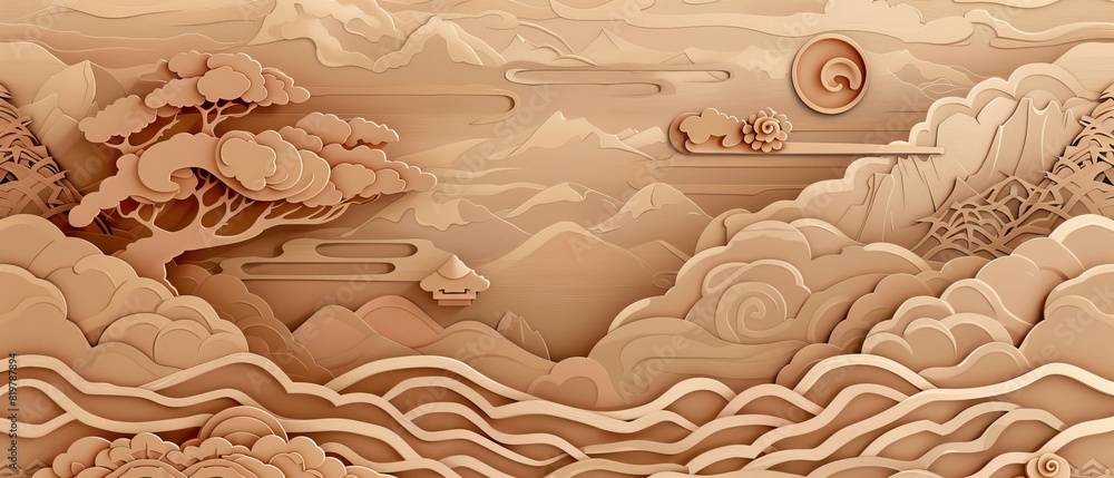 Aufkleber Oriental traditional poster design with hand-drawn wave and cloud elements. Modern Japanese background. Asian icons and symbols. Abstract pattern and template. Geometric element with hand-drawn wave