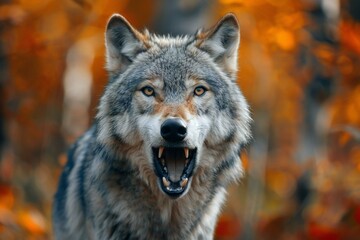 Illustration of  gray white wolf with open mouth stares at the camera