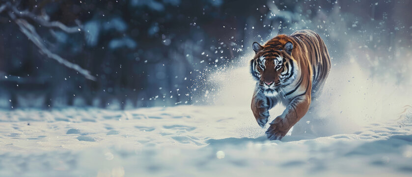 A Bengal tiger charges through a snowy terrain, embodying majestic power.