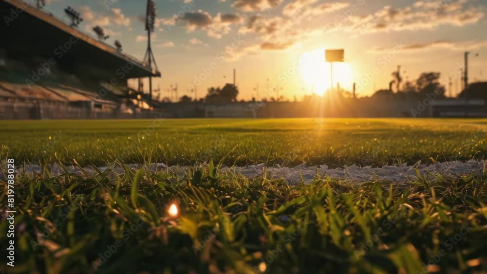 Poster a soccer field with a sun setting in the background. the field is empty and the grass is green