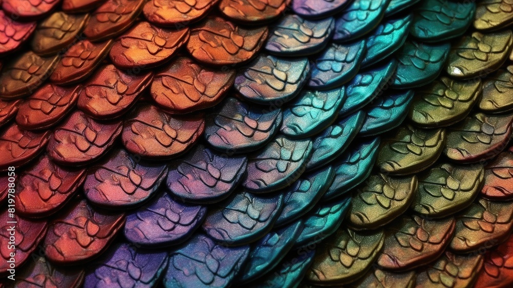 Poster iridescent scales texture with vibrant colors. shiny metallic scale with colorful multicolored vibra