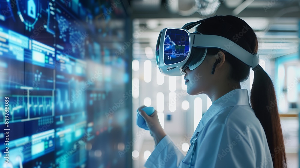 Aufkleber Futuristic technology and virtual reality. Young man wearing VR headset, exploring augmented reality. Digital innovation in business and science. Modern interface, data and