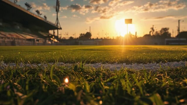 A soccer field with a sun setting in the background. The field is empty and the grass is green