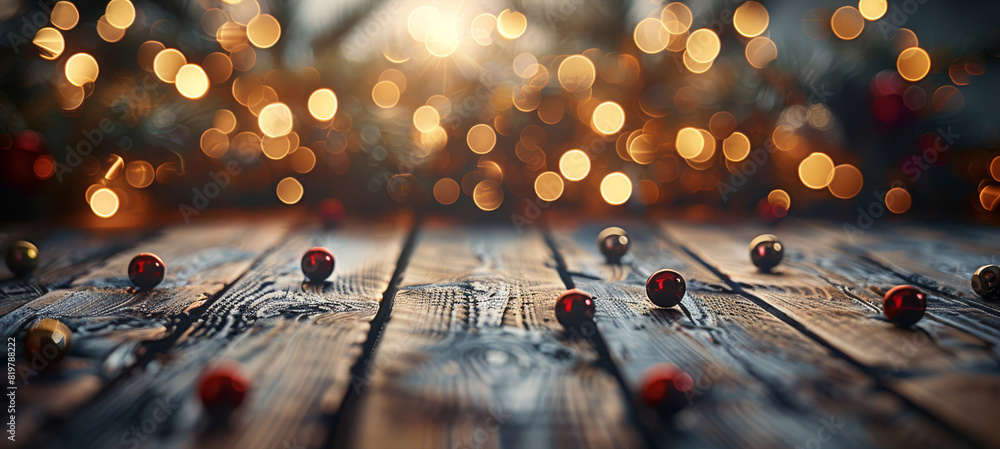 Aufkleber Christmas background with empty wooden table over bokeh. Generative AI.