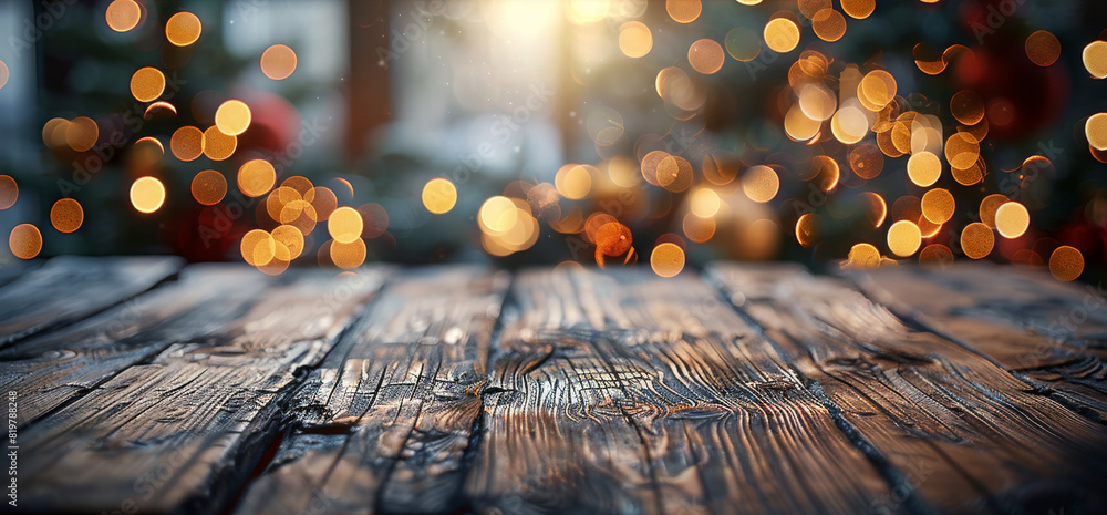 Aufkleber Christmas background with empty wooden table over bokeh. Generative AI.