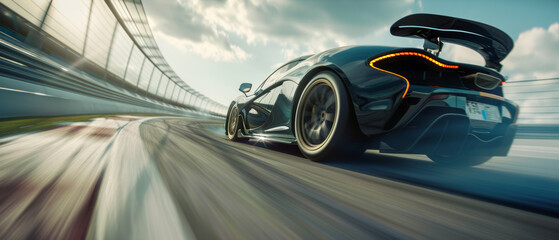 A high-speed sports car races on a track, blurring the world around it.
