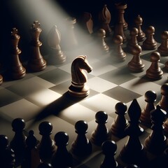 Chess board with highlighted knight represents leadership and right desicions