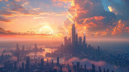 Fototapeta premium Sunrise over a futuristic cityscape where classical Beaker culture pottery designs dominate the architecture, vibrant and surreal