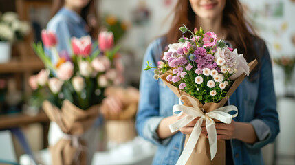 A someone holding flowers and wearing neutral colors, including roses, lilies, daisies, peonies, calla Lipis, pink gerberas, purple tulips, white sunflowers, wrapped in brown paper with white ribbon