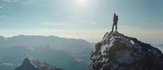 A lone explorer stands atop a majestic mountain peak, gazing out over a vast alpine landscape.