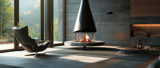 Modern minimalist living space with a cozy fireplace in a luxurious mountain home.
