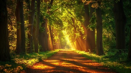 Enchanting forest pathway illuminated by golden sunlight, surrounded by tall trees and lush green foliage on a beautiful, serene day.