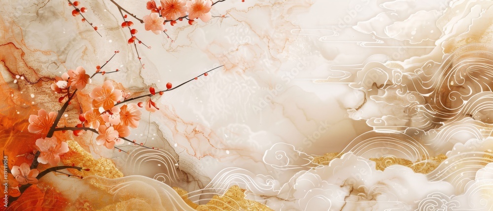 Poster a japanese wave pattern with an art landscape banner in a vintage style accompanied by elements from