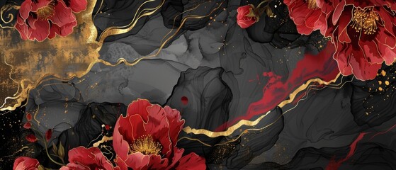 A vintage inspired abstract background with watercolor texture modern. Red peony flower with gold brushstroke illustration. Black elements decorated with hand drawn waves and plum flowers.