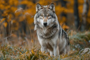 Depicting a  grey wolf is standing on a grassy area in grass