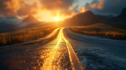 Long, winding road leading into sunset over mountains, creating a stunning scene of nature's beauty and serenity.