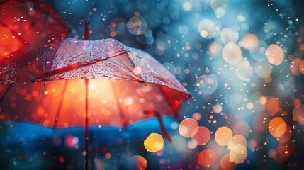 Magical night scene with red umbrella and ethereal lights, creating an enchanting atmosphere of rain and bokeh effect.