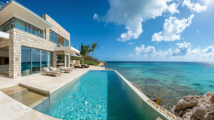 Fototapeta premium a private beachfront villa with infinity pool and breathtaking ocean views, representing ultimate luxury and relaxation 
