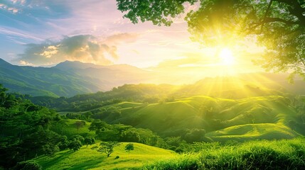 Scenic sunrise over rolling green hills with bright sun rays and a colorful sky, creating a serene and picturesque landscape.