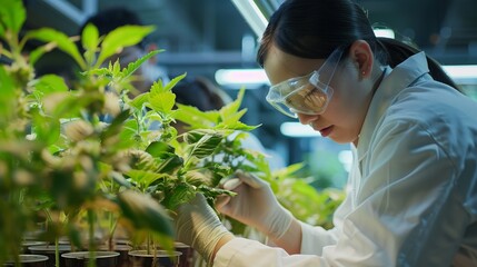 Scientist in a lab coat examining young plants in a lab, showcasing research in botany and plant sciences.