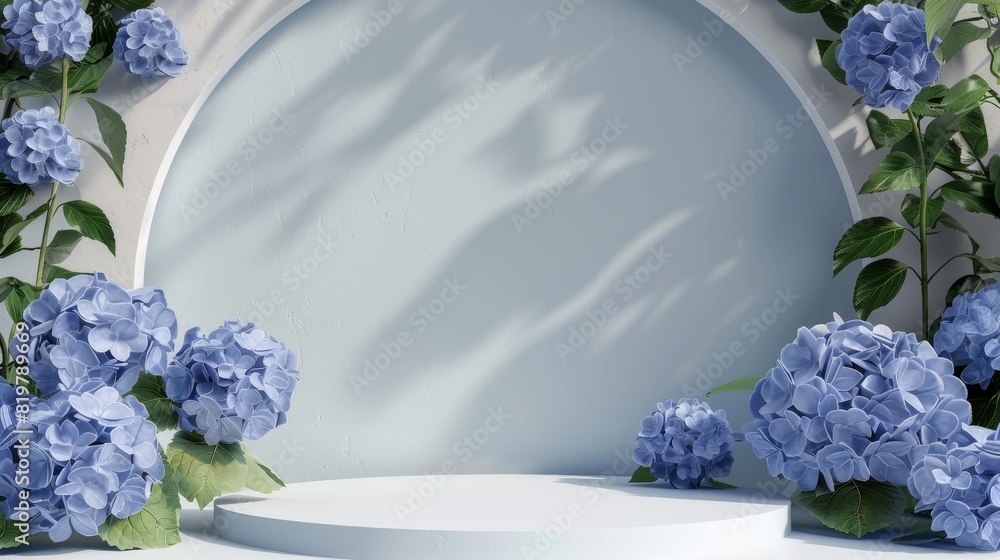 Poster display podium backdrop with hydrangea flowers in natural beauty. 3d rendering.