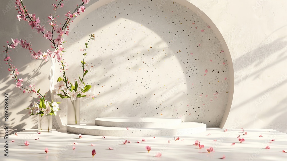 Poster Terrazzo texture backdrop with geometric shape and spring flower. Fashion podium. 3D rendering.