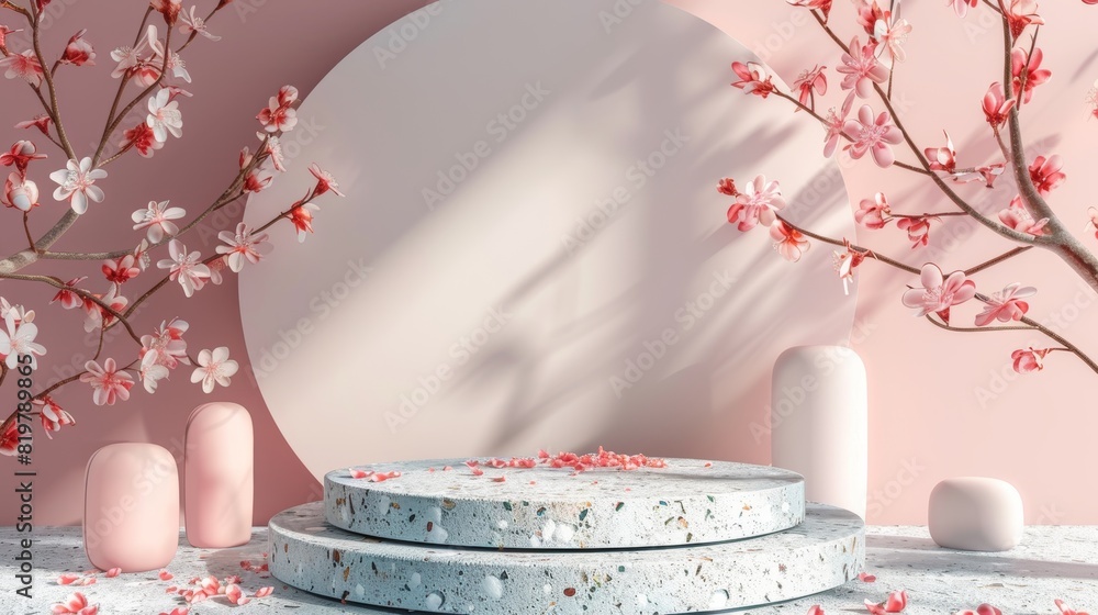 Poster a beauty fashion podium backdrop with a geometric shape and terrazzo texture. this is a 3d rendering